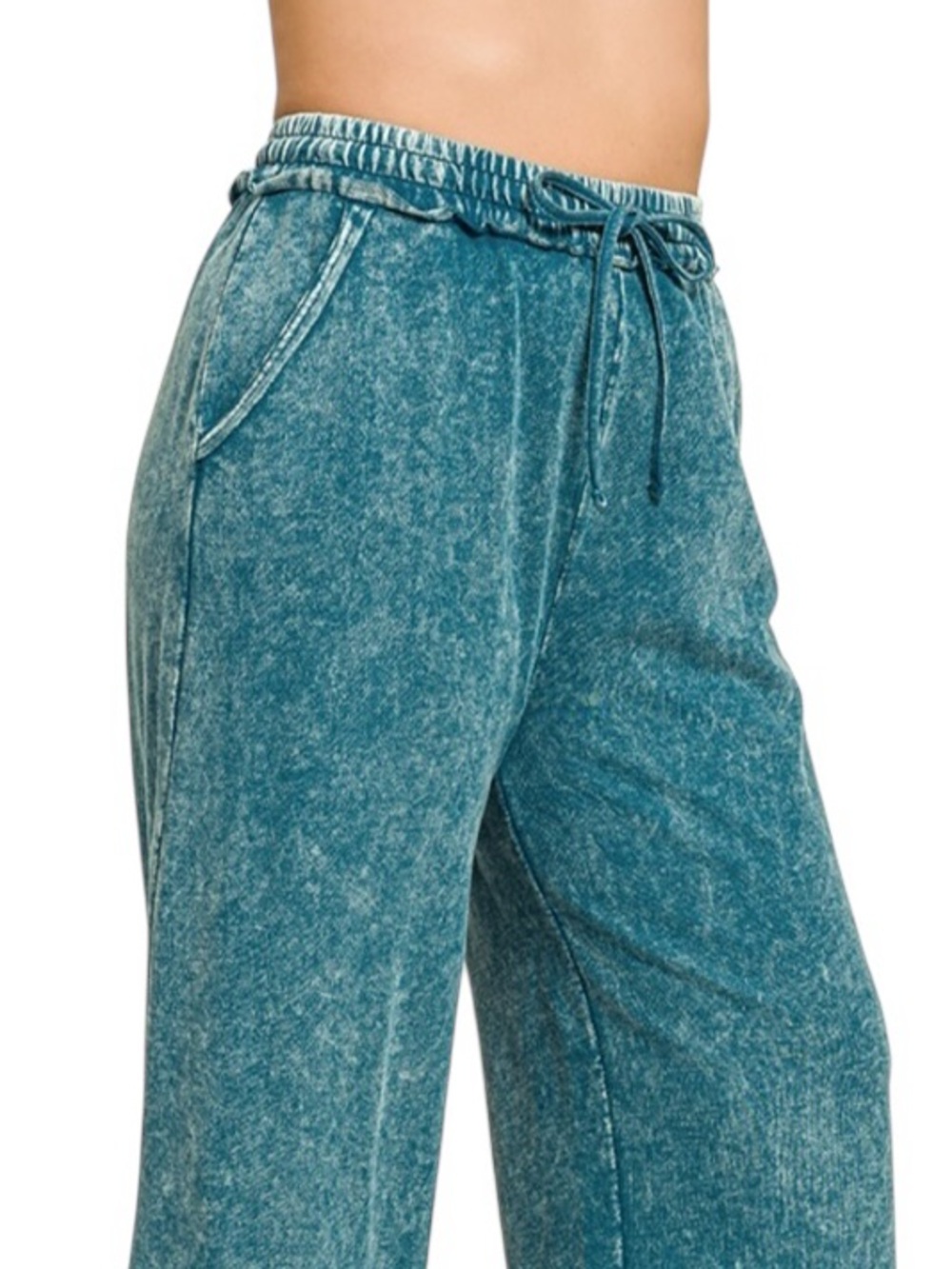 Zenana Teal Wash Cotton French Terry Wide Leg Pants - Picture 3 of 7